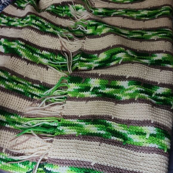 Vintage handmade knitted or crocheted throw blanket with a striped patter  45x80 - Picture 7 of 8